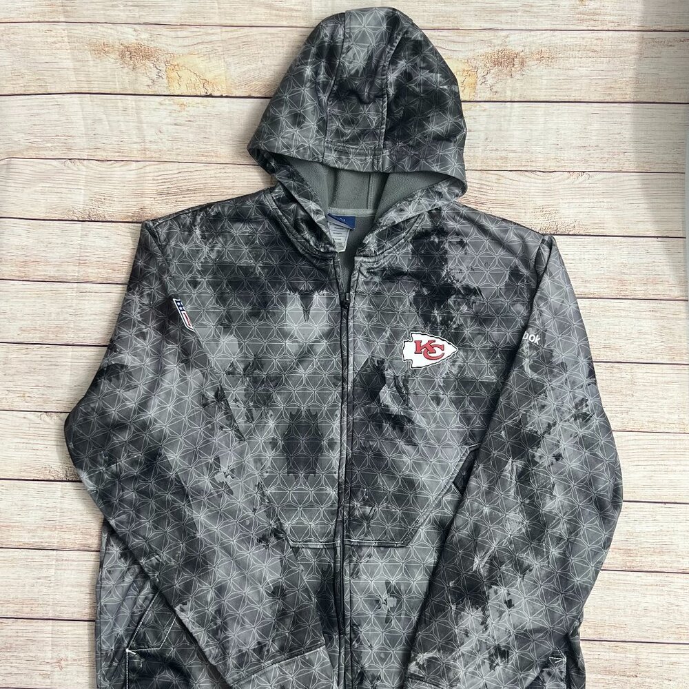 NFL Kansas City Chiefs Jacket L/G Reebok OnField Full Zip Hoodie Geometric Gray‎